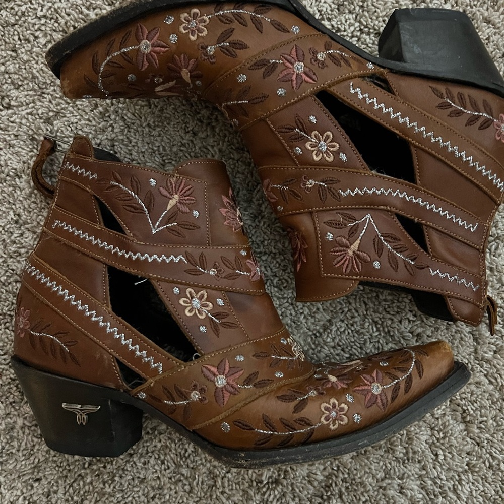 Brown Floral Embroidered Cutout Ankle Booties
